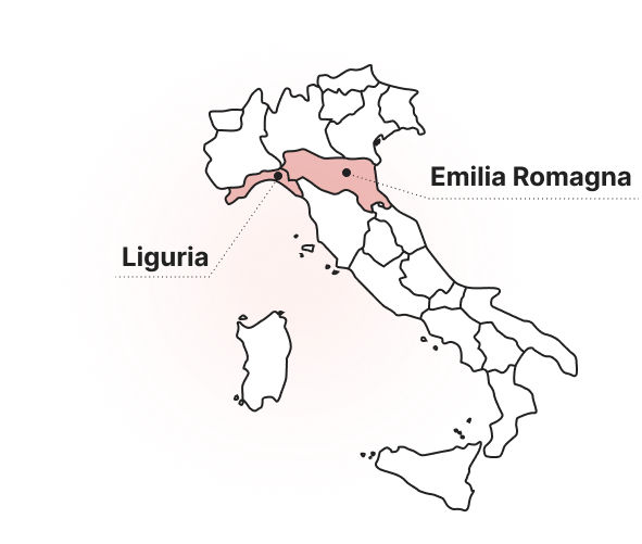 mappa dell'Italia, con evidenziate in rosso le regioni Emilia Romagna e Liguria