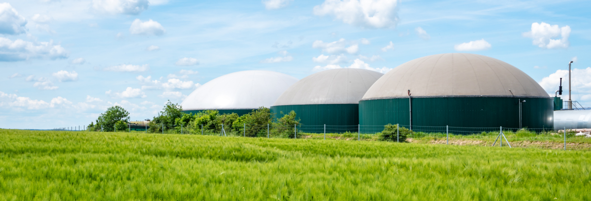 tre biodigestori, con in primo piano un prato verde e sullo sfondo un cielo azzurro con nuvole bianche